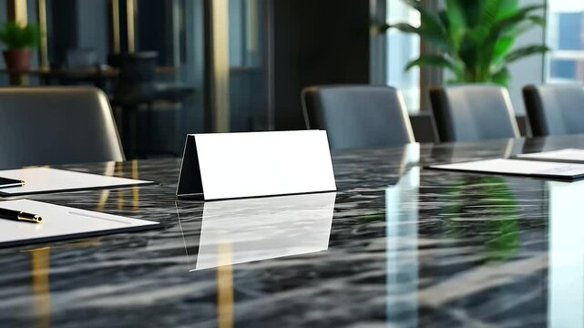 A vacant nameplate with a clean design on a marble conference table, surrounded by neatly arranged notepads and pens.