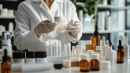 Scientist wearing lab coat and gloves holding cosmetic product in laboratory