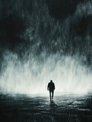 Obraz premium Solitary Stroll in the Storm: A lone figure walks into the pouring rain, under a dramatic sky. The person is facing away from the viewer, evoking a sense of solitude and foreboding.