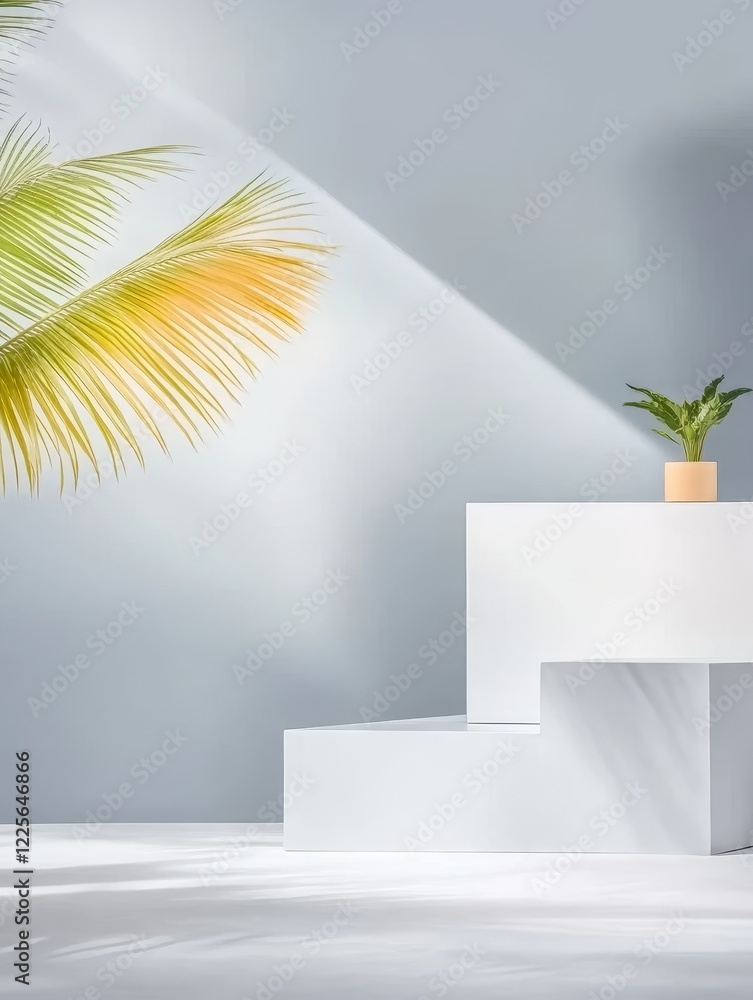 Poster minimalist product display with palm leaf - a stylish product display featuring white geometric plat