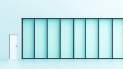 Obraz premium Modern Office Partition with Single Door - Minimalist image of a modern office space featuring a large glass partition and a single white door. Clean lines and light blue tones.