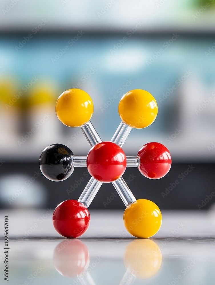 Aufkleber molecular structure model - close-up of a colorful molecular model on a reflective surface.