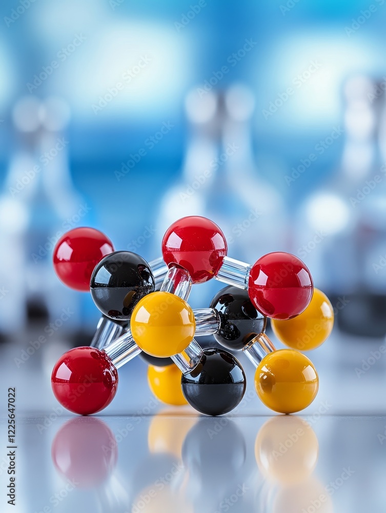 Poster molecular structure model in lab setting - a close-up shot of a colorful molecular model rests on a 
