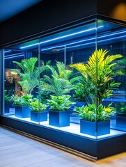 Modern Indoor Plant Display Case - Stylish glass display case showcasing lush tropical plants illuminated with blue LED lighting. Perfect for modern office or home decor.