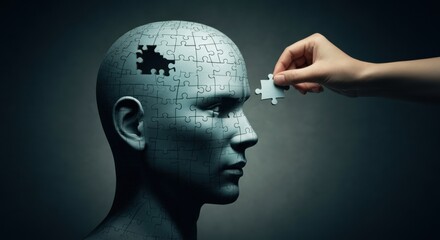 Obraz premium Hand placing a puzzle piece into a mannequin's head, symbolizing mental clarity