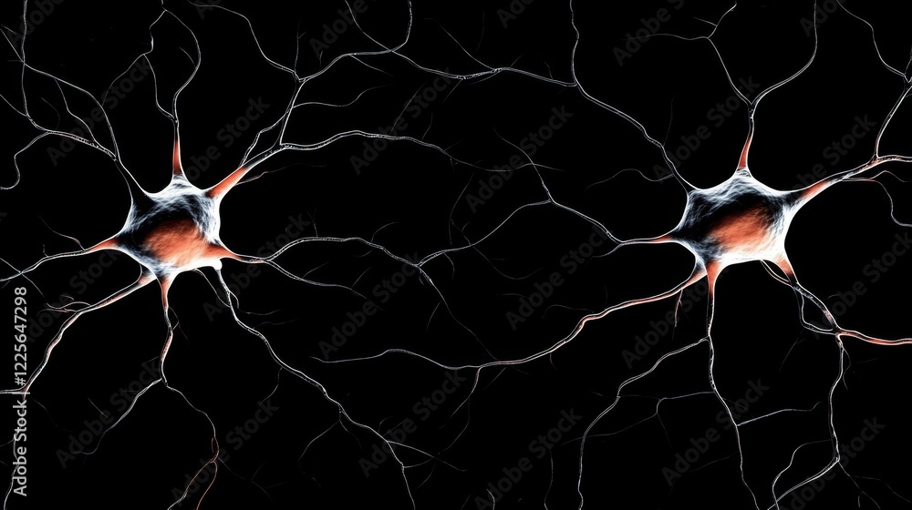 Poster neuron network communication - microscopic view of two neurons communicating, showcasing intricate n