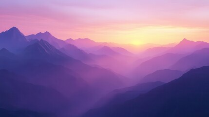 Fototapeta premium ethereal alpine valley bathed in pastel twilight colors, layered mountain peaks disappearing into purple mist, golden rays piercing through clouds