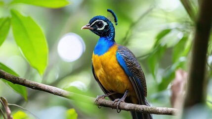 Naklejka premium Golden pheasant perched on a branch in lush green foliage