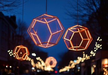 Glowing geometric pendant lights illuminating street at dusk, enhancing winter atmosphere with festive ambiance and warmth in urban setting