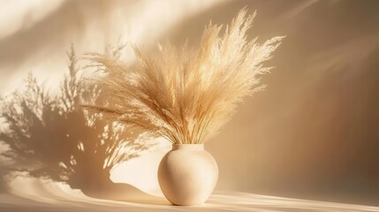 ethereal botanical composition of dried pampas grass stems in muted earth tones, backlit with golden hour glow creating delicate shadows and dreamy atmosphere
