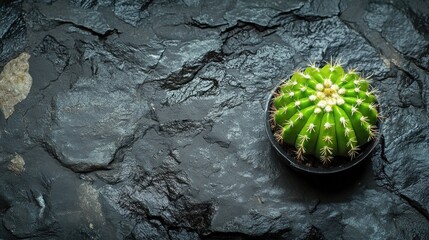 Green cactus on dark stone, minimalist nature background, desktop wallpaper