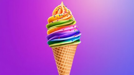 Rainbow Swirl Ice Cream Cone - A vibrant rainbow swirl ice cream cone with colorful sprinkles, perfect for summer, dessert, and sweet treat themes.