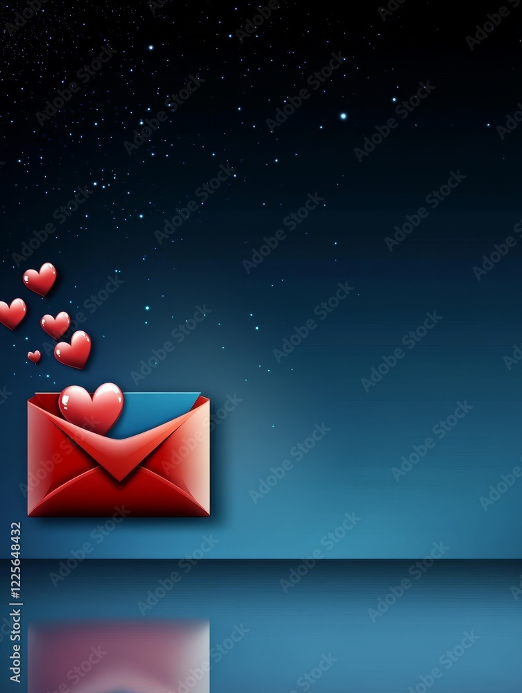 Aufkleber red envelope with hearts and stars - a red envelope with hearts floating towards it against a dark b