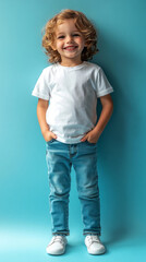 Obraz premium Cheerful child wearing a plain white t-shirt and trousers, standing full-length against a pastel green backdrop, exuding charm and youthful energy for mock-up designs