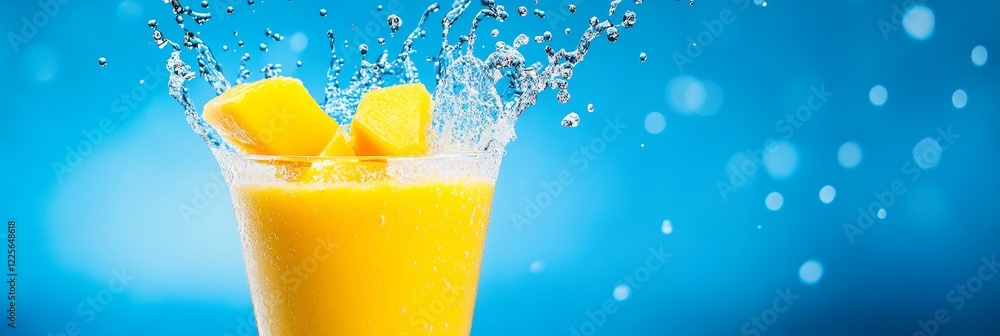 Poster refreshing mango smoothie splash - close-up of a delicious mango smoothie with fresh mango chunks sp