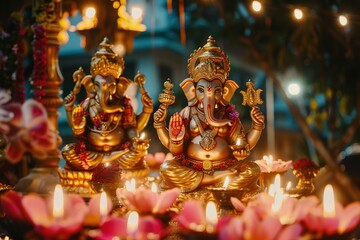 Fototapeta premium Moving shot of Goddess Laxmi and Ganesh on the festival of lights Diwali/ Deepavali. Pan shot of a decorated temple/ mandir of Lord Ganesha and Goddess Laxmi on Diwali/Deepavali - the festival
