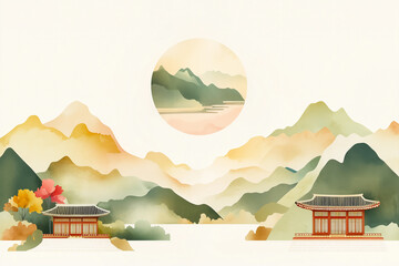 Seollal, Korean traditional holiday Sunrise background, with a beautiful elegant vintage mountainous landscape in a traditional oriental style, for the Asian Mid Autumn festival, Lunar New Year	
