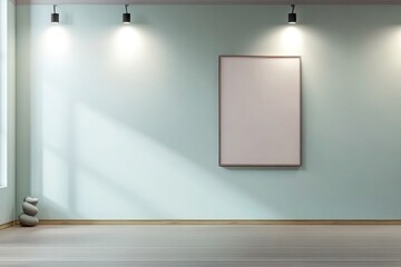 A serene yoga studio with a single horizontal wall frame mockup positioned on a soft pastel-colored wall, illuminated with calming, dim spotlights to enhance the tranquil vibe.