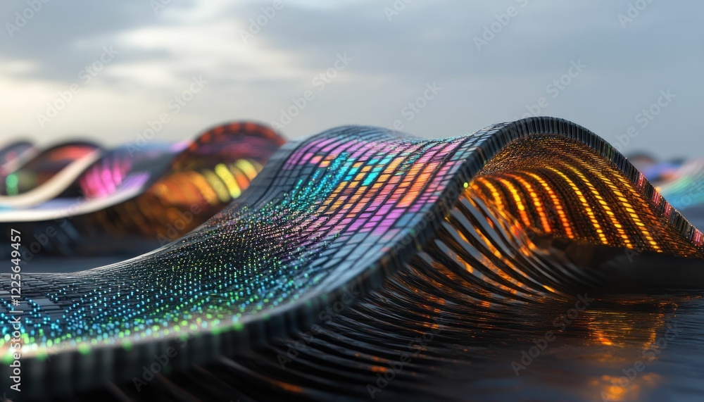 Poster abstract waves: mesmerizing close-up view of abstract, iridescent waves, their surfaces reflecting a