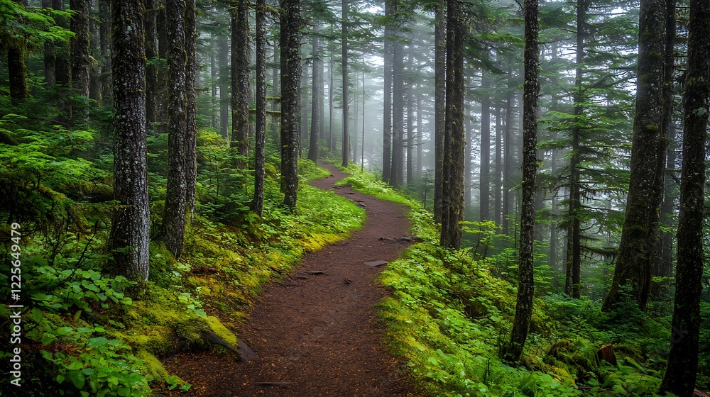 Poster a misty forest with a narrow path winding through tall trees and the distant sound of a stream
