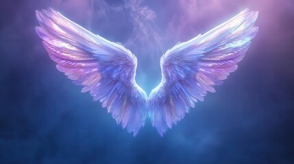 Obraz premium ethereal photorealistic angel wings rendered in pearlescent white with subtle rainbow iridescence, floating in mystical atmosphere