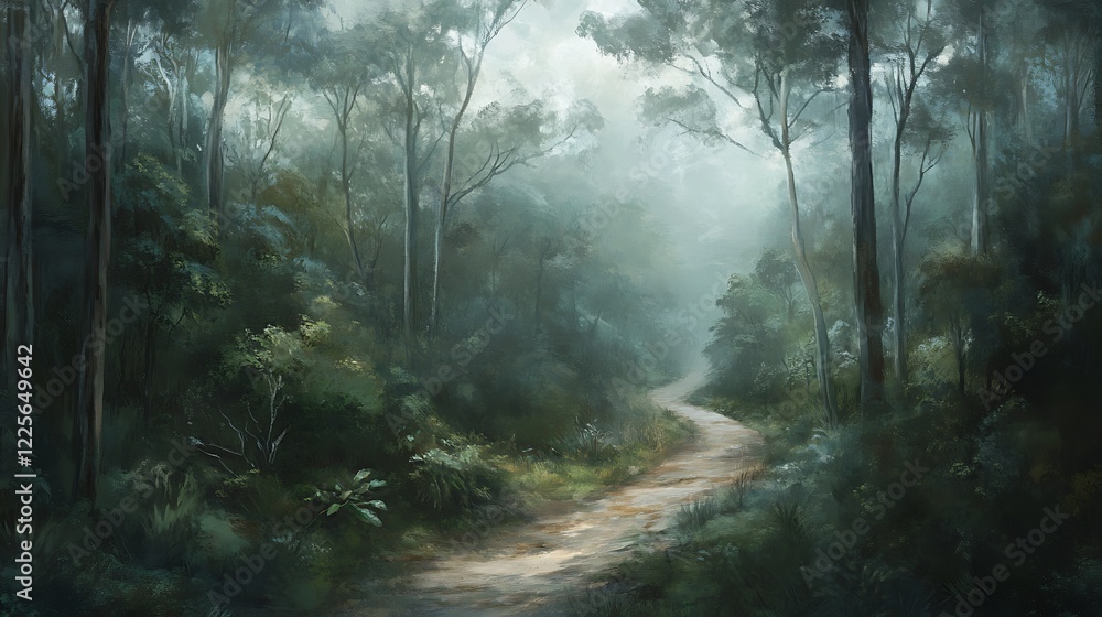 Poster a misty forest with a narrow path winding through tall trees and the distant sound of a stream