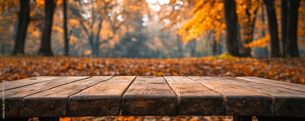Poster blurred trees and falling leaves in the background of an empty wooden table