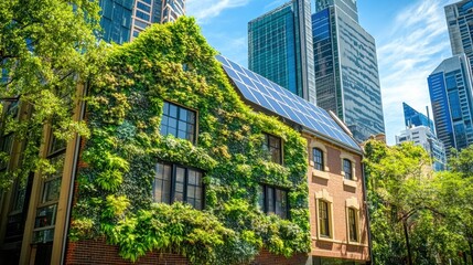 Obraz premium Green Building with Solar Panels Surrounded by Urban Skyscrapers