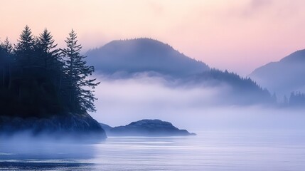 Fototapeta premium ethereal seascape with layers of fog rolling over calm waters, soft pastel sunrise breaking through morning mist