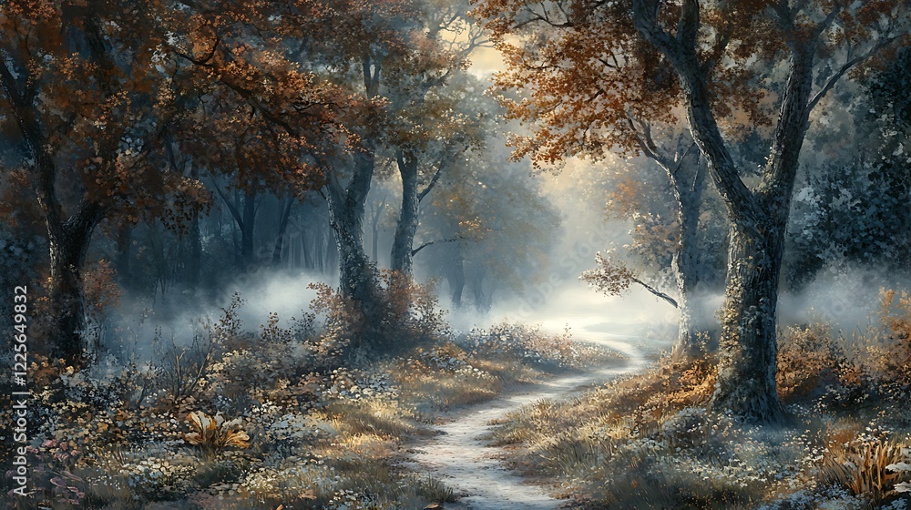 Poster a misty forest with a narrow path winding through tall trees and the distant sound of a stream