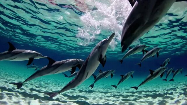 A stunning 4K underwater footage capturing the exhilarating experience of snorkeling with dolphins in a crystal-clear ocean. 