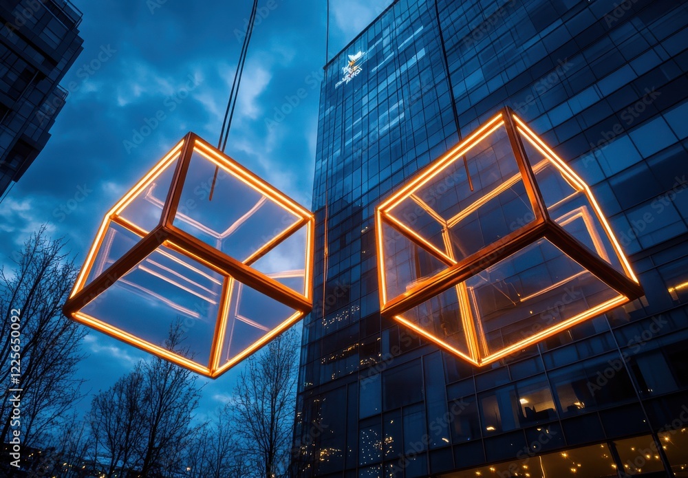 Poster illuminated floating cubes in urban setting with twilight sky and modern architecture background sho