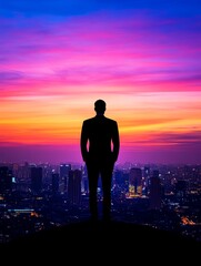 Fototapeta premium Silhouette of a Leader at Sunset Over Cityscape - A silhouette of a businessman stands overlooking a vibrant cityscape at sunset, symbolizing ambition, success, leadership, vision, and future.