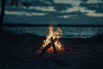 Fototapeta premium Campfire Burning Brightly Near a Dark Lake at Night