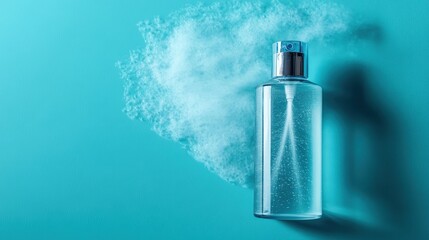 Bottle of water with refreshing mist sprays on a surface creating a cooling effect