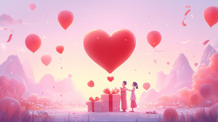 Cartoon-Style Valentine's Day Artwork with a Gift Box and Balloons, Perfect Copy Space for Custom Text
