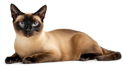 Elegant Siamese Cat Lying on White Background with Blue Eyes