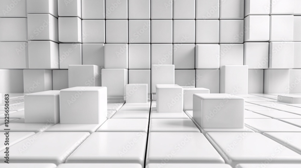 Poster Abstract 3d render of a futuristic room made of white cubes of different sizes