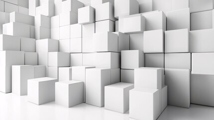 Abstract composition of white cubes forming a random pattern on a white background