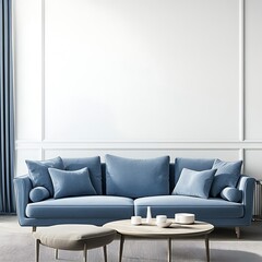 Farmhouse Living Room Features Blue Furniture Against a Cozy Rustic Backdrop, Blending Comfort and Style