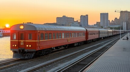 Naklejka premium Vintage Red Train Near Platform at Sunset in Urban Landscape