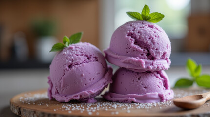 Three Scoops of Purple Ice Cream with Mint Garnish on a Rustic Wooden Board