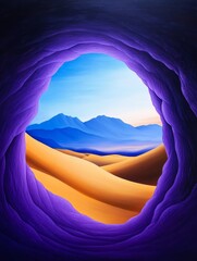 Surreal Cave Opening to Golden Dunes and Purple Sands - A mystical scene symbolizing hidden beauty, dreamscapes, inner peace, exploration, and the unexpected.