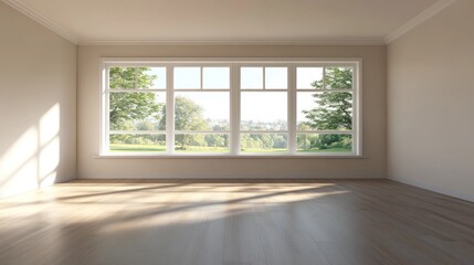 Obraz premium Empty room with large window, scenic view, sunlight