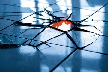 Shattered Glass Reflecting Blurred Figures Through Cracks