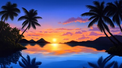 Naklejka premium Tranquil Sunset Paradise - Serene sunset over calm ocean water, silhouetted palm trees on a tropical beach. Perfect for travel, vacation, or relaxation themes.
