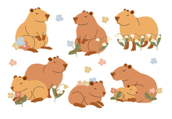 Capybara clipart with flowers. Hand drawn vector illustration isolated on transparent background. Floral set of cute capybaras. Spring collection of animals