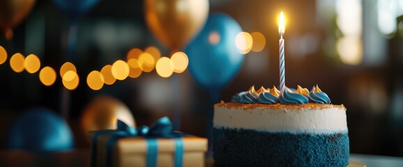 Birthday cake with candle, gift, & balloons. Festive celebration