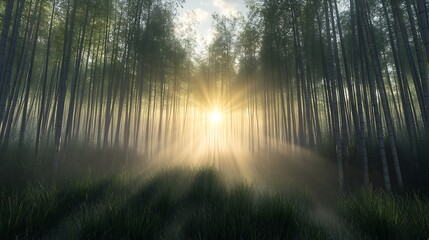 Obraz premium A misty morning in a bamboo forest with the sun rising behind the tall stalks 