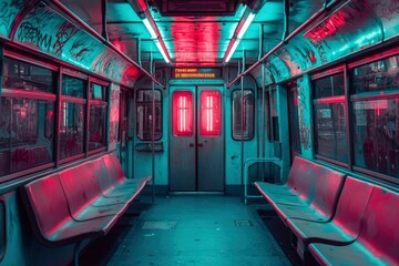 Fototapeta premium Neon Lit Subway Car Interior With Graffiti